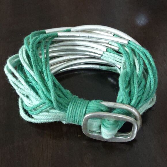Women's Green with Silver Bars Multi Strand Wrap Bracelet - Picture 2 of 5